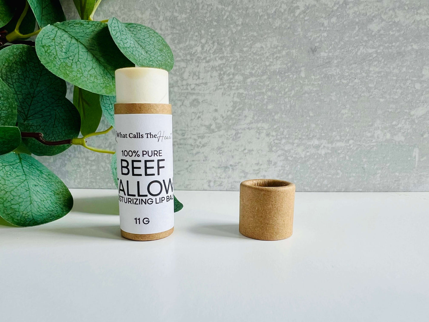 Beef Tallow Organic Lip Balm tube on a simple background with greenery, highlighting natural skincare benefits.