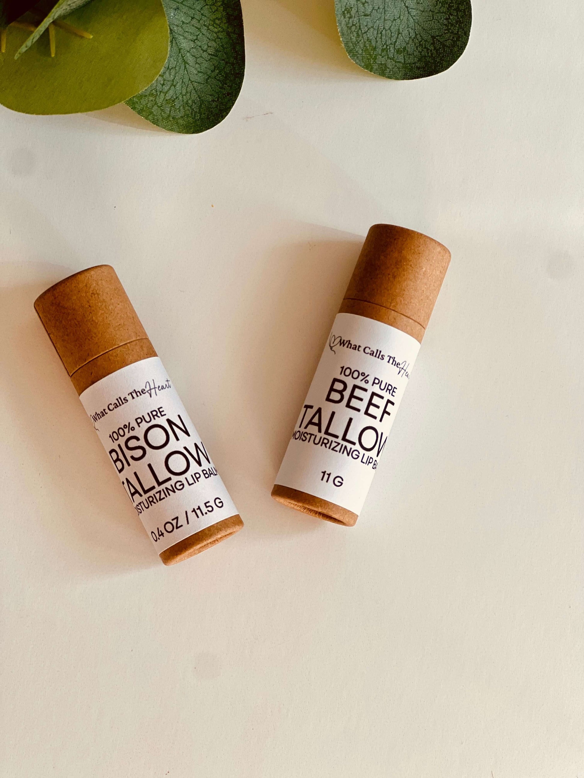 Two organic moisturizing lip balms: one beef tallow and one bison tallow, placed on a flat surface.