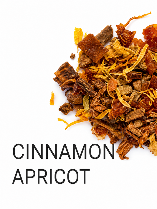Cinnamon Apricot Herbal Blend Loose Leaf Tea Caffeine Free Natural Ingredients Sweet Diced Apricot Pieces Aromatic Cinnamon Chips Bright Marigold Petals Premium Artisan Quality Wellness Beverage Collection Evening Relaxation Ritual Cozy